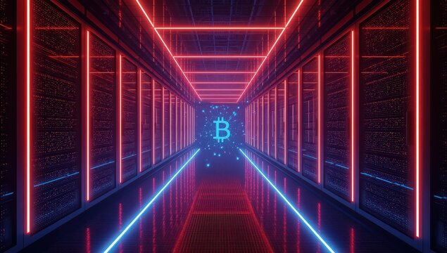 Futuristic server room tunnel with glowing neon lights and a bitcoin symbol at the end, representing the digital currency and blockchain technology