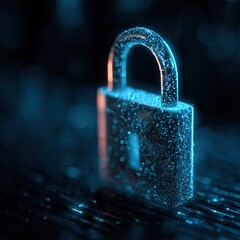 A gleaming padlock is shown with many blue spheres around it