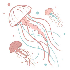 Three stylized pink and teal jellyfish gracefully floating in a white ocean with scattered dots © bilkish