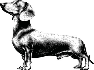 Engraved illustration of a dachshund dog in black and white, vintage style art. Vector illustration