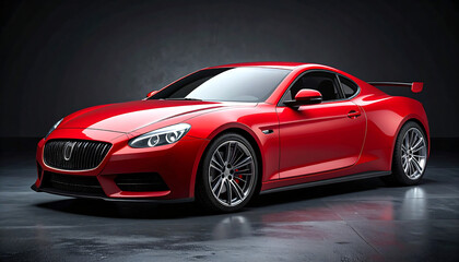 Sleek red sports car in studio with dark backdrop—low aerodynamic profile, sharp lines, alloy wheels, and rear spoiler styled for speed and luxury.