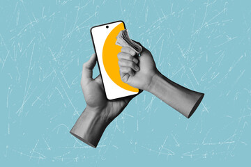 Modern art collage on the topic of payment via mobile phone. Modern payment methods