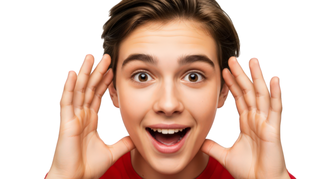 Closeup portrait of a surprised young man with hands on his face, isolated on transparent background facial expressions, human feelings