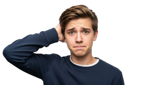 Teenage boy scratching his head with a confused expression, isolated on transparent background facial expressions, human feelings
