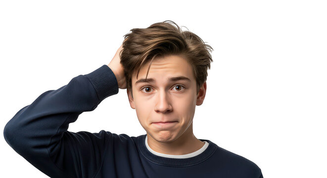 Young boy with a confused expression scratching his head, isolated on transparent background facial expressions, human feelings - Powered by Adobe