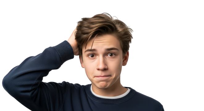 Young boy with a confused expression scratching his head, isolated on transparent background facial expressions, human feelings
