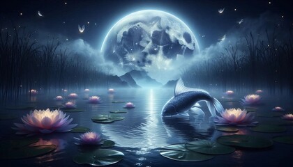 Silver Koi Under the Moon