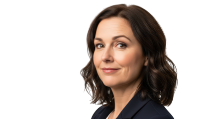 Portrait of a middleaged woman with brown wavy hair smiling and looking to the side, isolated on transparent background facial expressions, human feelings