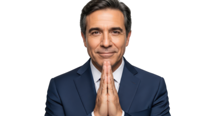 A middleaged man in a suit and tie clasps his hands together in front of him, isolated on transparent background facial expressions, human feelings