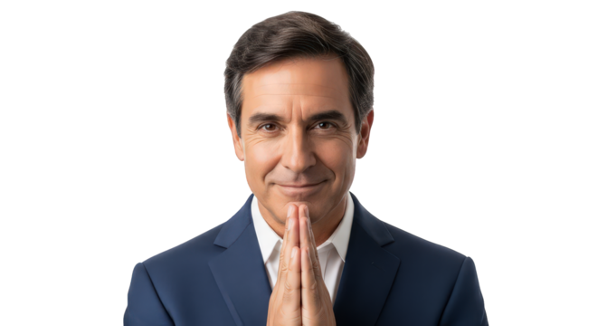 A middleaged man in a suit and tie clasps his hands together in front of him, isolated on transparent background facial expressions, human feelings