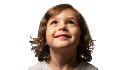 Young boy with curly brown hair looking up with a smile, isolated on transparent background facial expressions, human feelings