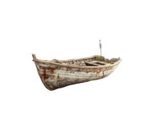An aged wooden fishing boat against a dark background