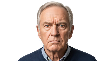 Obraz premium Closeup portrait of an angry elderly caucasian man with gray hair, wearing a sweater, isolated on transparent background facial expressions, human feelings