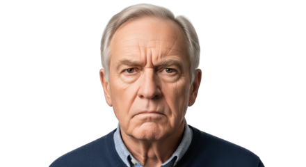 Closeup portrait of an angry elderly caucasian man with gray hair, wearing a sweater, isolated on transparent background facial expressions, human feelings