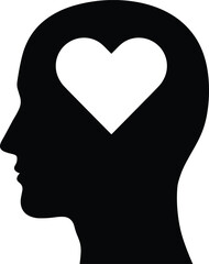 Human head silhouette with heart symbol inside, vector illustration representing love, mental health, emotional intelligence, mindfulness, compassion, psychology, therapy, wellness, care, empathy