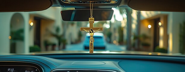 Modern Religious Monument - Peaceful Car Interior with Hanging Crucifix and Blurred Urban Background A surreal modern city skyline with glowing religious symbolism, dramatic architecture, spirituality