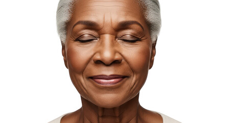 Closeup portrait of a serene elderly african american woman with eyes closed, isolated on transparent background facial expressions, human feelings