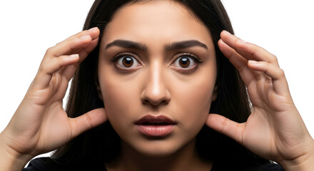Fototapeta premium Young woman with dark hair and dark eyes, hands on her face, looking surprised, isolated on transparent background facial expressions, human feelings