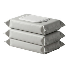 Three Stacked White Wet Wipe Packages with Resealable Flaps | Isolated | Unbranded Minimalist Design | Concept of Product Mockups, Packaging Concepts, Hygiene Branding
