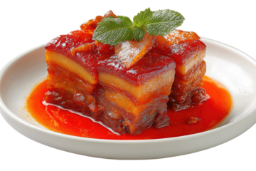 Braised pork belly in a rich, red sauce, garnished with herbs