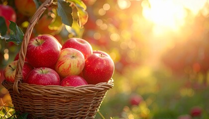 Basket of ripe red apples in a sunlit orchard during golden hour.