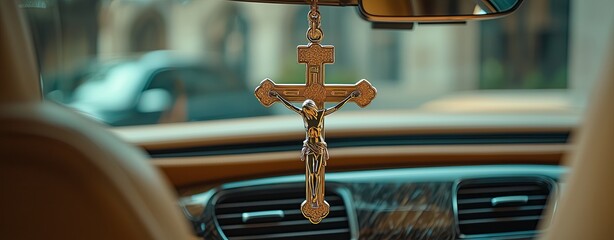 Modern Religious Monument - Hanging Crucifix in Car Interior Symbolizing Faith and Protection A surreal modern city skyline with glowing religious symbolism, dramatic architecture, spirituality, hope,