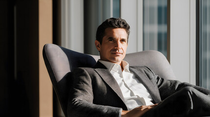 Successful businessman in suit sitting chair near window with sunshine