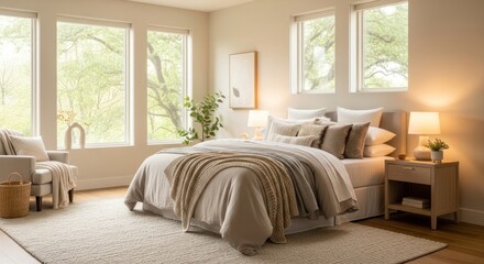 Bright and Serene Modern Bedroom with Abundant Natural Light, Plush Neutral Bedding, and Views of Lush Green Trees