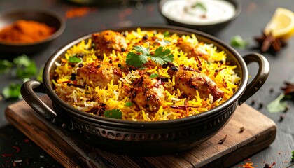 Delicious Chicken Biryani served in a traditional bowl on a wooden board.