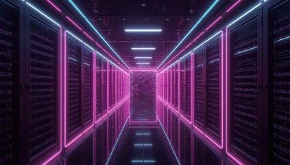 A futuristic server room tunnel with glowing neon lights, representing data storage, cloud computing, and the digital age, creating a cyber space environment