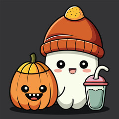 Funny autumn holiday halloween cartoon vector illustration with cute spooky pumpkin, ghost, and cat faces