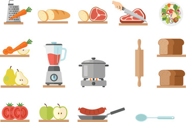 Kitchen cooking ingredient vector illustration with bread, meat, vegetables, fruits, blender, pot, knife, rolling pin, sausage pan, salad bowl, spoon