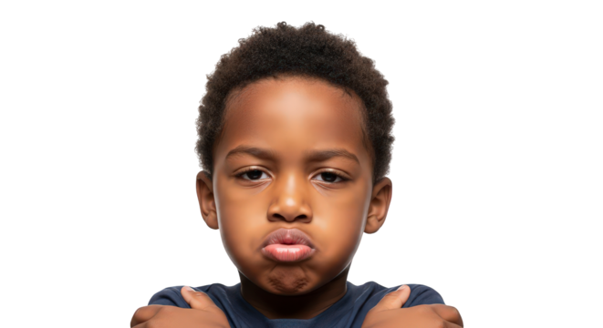Young boy with pouty lips and arms crossed, isolated on transparent background facial expressions, human feelings