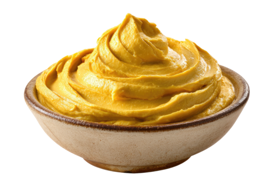 Golden, creamy condiment in a shallow bowl
