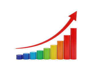 Colorful bar chart with upward trending arrow illustrating growth and success isolated on transparent background