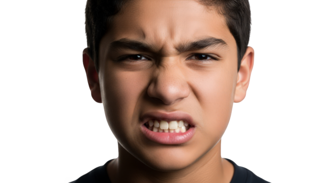 Young boy with an angry and disgusted expression, isolated on transparent background facial expressions, human feelings