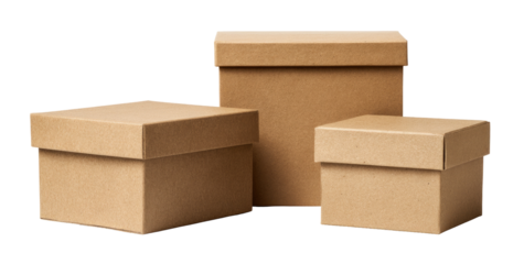 Three light brown cardboard boxes of varying sizes, stacked, against a plain white background.  Each box has a slightly raised lid