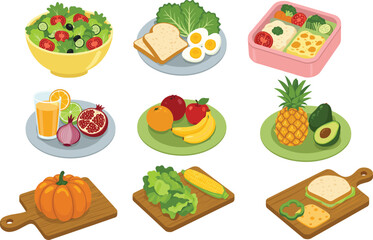 Healthy food illustration with fruits, vegetables, salad, bread, eggs, juice, sandwich, pumpkin, corn, avocado, pineapple, bento box, nutritious meal vector