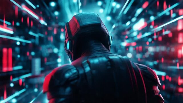 Futuristic astronaut wearing helmet and armor explores neon lit city