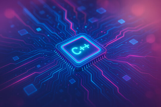 Neon glowing processor chip with C plus plus programming symbol futuristic software coding and advanced computing technology
