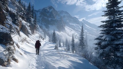 Solitary winter hiker trekking through a majestic snow-covered mountain landscape, adventure and serenity.