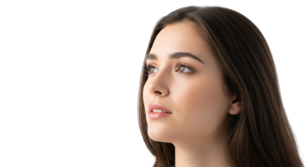 Young woman looking upwards with a hopeful expression, isolated on transparent background facial expressions, human feelings