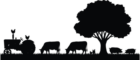 Farm animal silhouettes with tractor, cows, pigs, chickens, and large tree in rural countryside scene, vector illustration for agriculture, livestock, and farming design