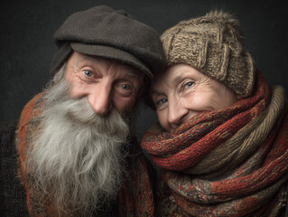 elderly pair bundled in winter clothing sharing a warm smile outdoors