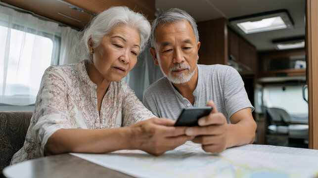 Elderly couple planning road trip with smartphone and map in cozy RV interior