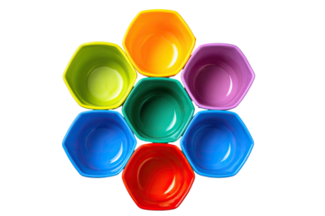 Colorful hexagonal cups arranged in a flower or honeycomb pattern, top-down view. Each cup is a different vibrant color of the rainbow, creating a visually appealing design
