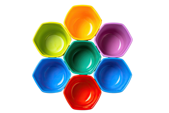 Colorful hexagonal cups arranged in a flower or honeycomb pattern, top-down view. Each cup is a different vibrant color of the rainbow, creating a visually appealing design