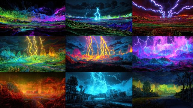 Seven Bowls of Wrath: neon lightning bolts from angelic bowls striking futuristic landscapes, plagues depicted in neon detail, photorealistic, chaotic scenes