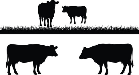 Vector illustration of cow and calf silhouettes grazing in grass field, farm livestock design, rural agriculture countryside animal graphic for farming concept