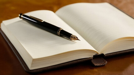 A classic fountain pen rests on an open leather notebook, illuminated by soft natural light from the side.